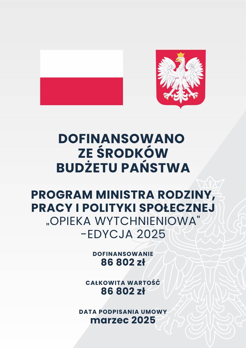 Plakat informujący o dofinansowaniu w ramach Programu Ministra Rodziny, Pracy i Polityki Społecznej Opieka Wytchnieniowa wartość dofinansowania na 2025 rok 86 802 zł, całkowita wartość 86 802 zł