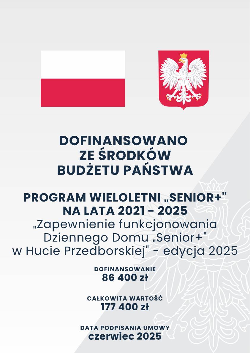 Plakat informujący o dofinansowaniu w ramach Programu Wieloletniego Senior+ na lata 2021-2025, wartość dofinansowania na 2025 rok 86 400 zł, całkowita wartość 177 400 zł.
